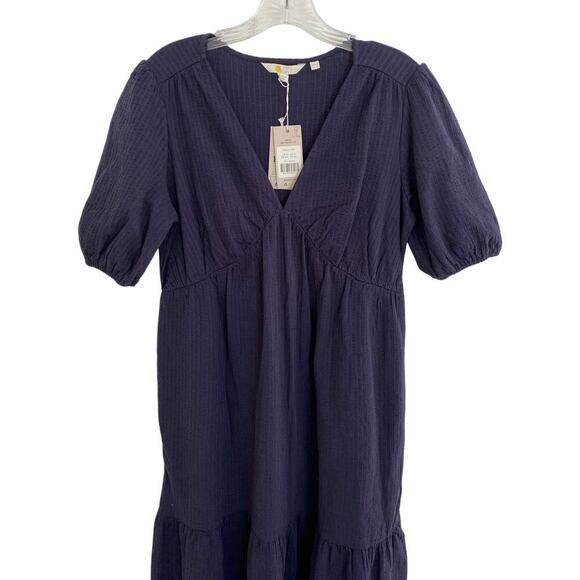 BODEN Navy Blue Jersey Seersucker Puff Sleeve V-Neck Cotton Midi Dress - Picture 7 of 11